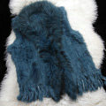 New Personality Real Rabbit Fur Vests Raccoon Fur Collar Women Knitted Fur Waistcoat - Peacock Blue
