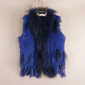New Personality Real Rabbit Fur Vests Raccoon Fur Collar Women Knitted Fur Waistcoat - Sapphire Blue