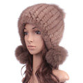 New Winter Real Mink Fur Hat With Fox Fur Balls Women Knitted Beanies Dome Caps - Light Coffee