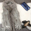New Women Natural Rabbit Fur Vest With Hooded Large Raccoon Fur Collar Tassels Gilet - Grey
