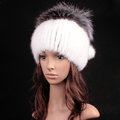 New Women Winter Knitted Beanies Genuine Mink Fur Hat With Silver Fox Fur Pom Poms Top - White