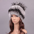 New Women Winter Knitted Beanies Genuine Rex Rabbit Fur Hat With Fox Fur Flower Top Hat - Grey