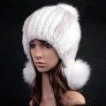 Noble Winter Genuine Cross Mink Fur Caps With Fox Fur Pom Poms Women Knitted Bomber Hat - White