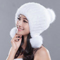 Noble Winter Genuine Mink Fur Caps With Fox Fur Pom Poms Women Knitted Bomber Hat - White