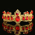 Retro Red Rhinestone Baroque Crown Headbands Bridal Luxury Gold Tiara Brides Hair Jewelry Accessory