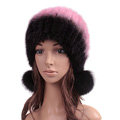 Unique Real Mink Fur Hat With Fox Fur Balls Women Winter Knitted Beanies Dome Caps - Black Pink