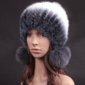 Unique Real Mink Fur Hat With Fox Fur Balls Women Winter Knitted Beanies Dome Caps - Grey White