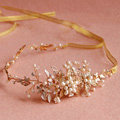 Vintage Gold Crystal Beads Pearl Flower Wedding Bridal Hairbands Women Hair Ribbon Accessories