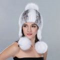 Winter Genuine Cross Mink Fur Caps With Fox Fur Pom Poms Women Knitted Bomber Hat - White