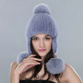 Winter Genuine Mink Fur Caps With Fox Fur Pom Poms Women Knitted Bomber Hat Ear Protector - Blue