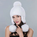 Winter Genuine Mink Fur Caps With Fox Fur Pom Poms Women Knitted Bomber Hat Ear Protector - White