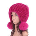 Winter Real Mink Fur Hat With Fox Fur Balls Women Sweety Knitted Beanies Dome Caps - Rose
