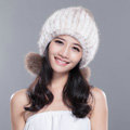 Winter Real Mink Fur Hat With Fox Fur Pom Poms Women Knitted Ear Protection Caps - White Coffee