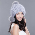 Winter Real Mink Fur Hat With Fox Fur Pom Poms Women Knitted Thicken Ear Protection Caps - Blue Grey