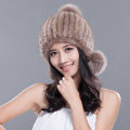 Winter Real Mink Fur Hat With Fox Fur Pom Poms Women Knitted Thicken Ear Protection Caps - Khaki