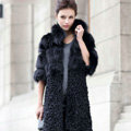 Women Luxury Genuine Nature Fox Fur Coat and Lamb Fur Jacket Ladies Winter Long Outwear - Black