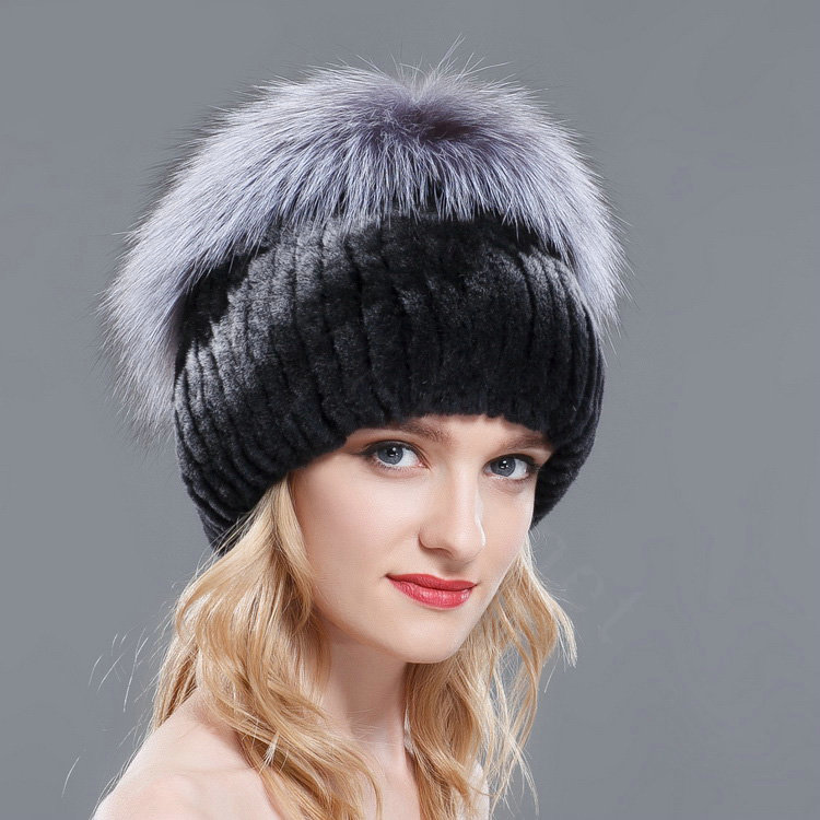 Buy Wholesale Women Winter Knitted Beanies Genuine Rex Rabbit Fur Hat With Fox Fur Pom Poms Top