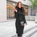Autumn Winter Women Dresses Natural Knitting Knee-Length Sheath Turtleneck Full Sleeve - Black
