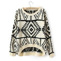 Novelty Sweater Winter Hot Sleeved Loose Female Wool Lattice Geometry - Beige