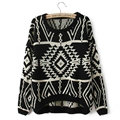 Novelty Sweater Winter Hot Sleeved Loose Female Wool Lattice Geometry - Black