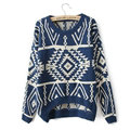 Novelty Sweater Winter Hot Sleeved Loose Female Wool Lattice Geometry - Blue