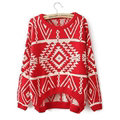 Novelty Sweater Winter Hot Sleeved Loose Female Wool Lattice Geometry - Red