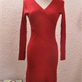 Sexy Dresses Knitting Winter Knee Length Women Work Wear V-neck - Red