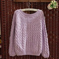 Sweater Classic Women Sleeve Pure Thick Solid O-Neck - Purple