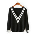 Sweater Deep V Collar Cotton Striped Knitted Female Burst Models - Black