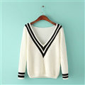 Sweater Deep V Collar Cotton Striped Knitted Female Burst Models - White