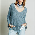 Sweater Solid Women V Collar Shoulder Sleeve Long Loose Fitting - Blue