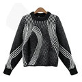 Sweaters Fashion Short Pullover Women Vintage Stripe Long Sleeve O-Neck Knitted - Black