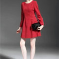 Winter Dresses Dot Velour Knee-Length A-Line Full Sleeve O-Neck - Red