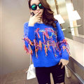 Winter Fashion Sweater Female Tassel Patchwork Hand Knitted Color Mosaic - Blue