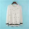 Winter Sweater Comfort O-Neck Thick Thin Wool Embroidery Girl - White