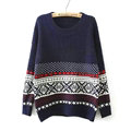 Winter Sweater Cotton Women Round Collar Snow Flower Loose Knitted Pullover - Blue