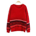 Winter Sweater Cotton Women Round Collar Snow Flower Loose Knitted Pullover - Red