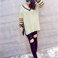 Winter Sweater Female Thread V Collar Loose Thick Warm Stripe - Green