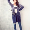 Winter Sweater Female V-Neck Cardigan Coat Long Patchwork Warm Thick - Blue