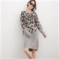 Elegant Dresses Winter Leopard Print Women Long Sleeve Shift Plus Size - Grey