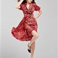 Sexy Dresses Summer Ladies Leopard Print Short Sleeved Chiffon Bowknot - Red
