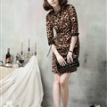 Simple Dresses Ladies Leopard Print Short Elegant Winter Three-Quarter Sleeve - Brown