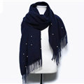 Classic Fringed Beaded Scarf Scarves For Women Winter Warm Cotton Panties 183*66CM - Navy