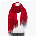Classic Fringed Beaded Scarf Scarves For Women Winter Warm Cotton Panties 183*66CM - Red
