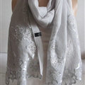 Pretty Embroidered Floral Beaded Scarves Wrap Women Winter Warm Silk 200*50CM - Grey