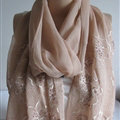 Pretty Embroidered Floral Beaded Scarves Wrap Women Winter Warm Silk 200*50CM - Kahki