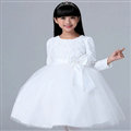 Cheap Dresses Fall Flower Girls Long Sleeve Bowknot Rose Wedding Party Dress - White