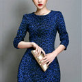 Classy Dresses Winter Ladies Short Skirts Leopard Print Five Sleeved - Royal Blue