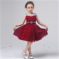 Cute Dresses Winter Flower Girls Chiffon Knee Length Bowknot Wedding Party Dress - Wine Red