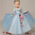 Cute Dresses Winter Flower Girls Long Sleeve Embroidery Wedding Party Dress - Blue